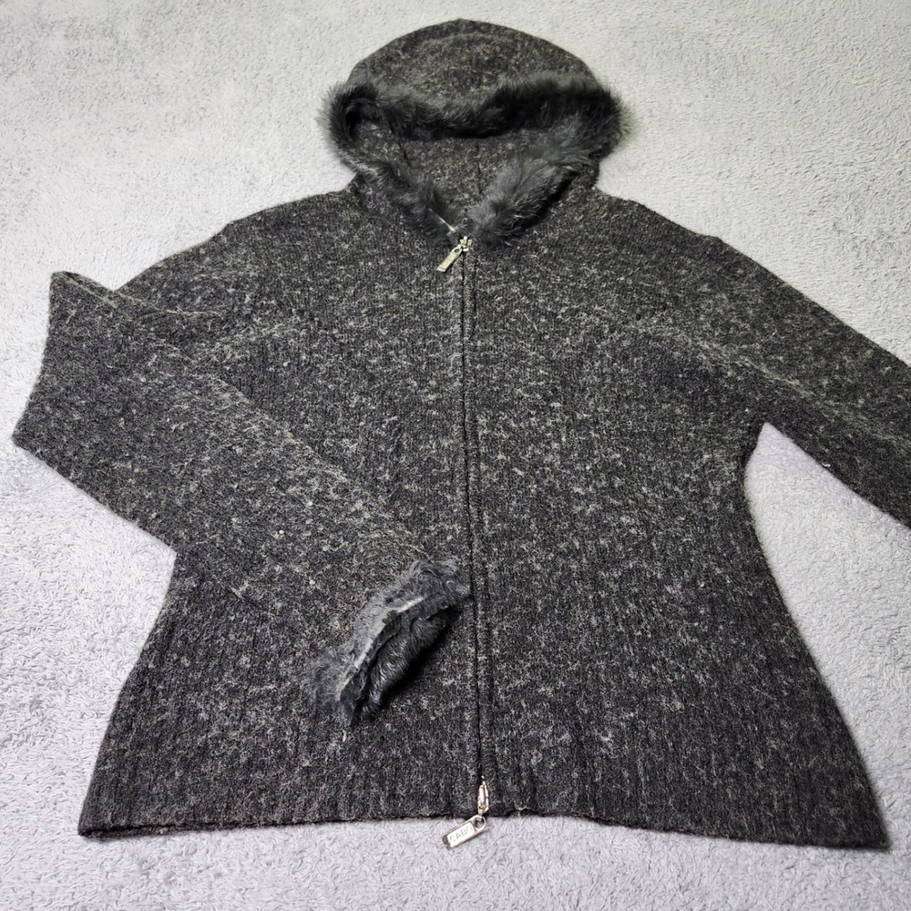 Cabo Womens Large Full Zip Sweater Gray Wool Blend Faux Fur Trim Hoodie 1315